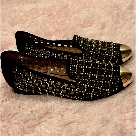 Jeffrey Campbell Black Loafers with Gold Studs - Picture 1 of 7